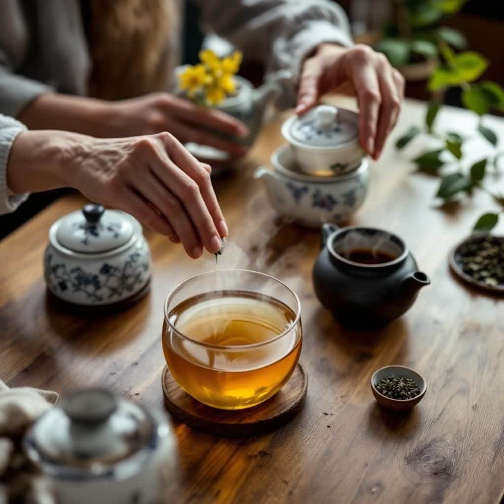 A tea sommelier examining tea leaves for quality assessment.