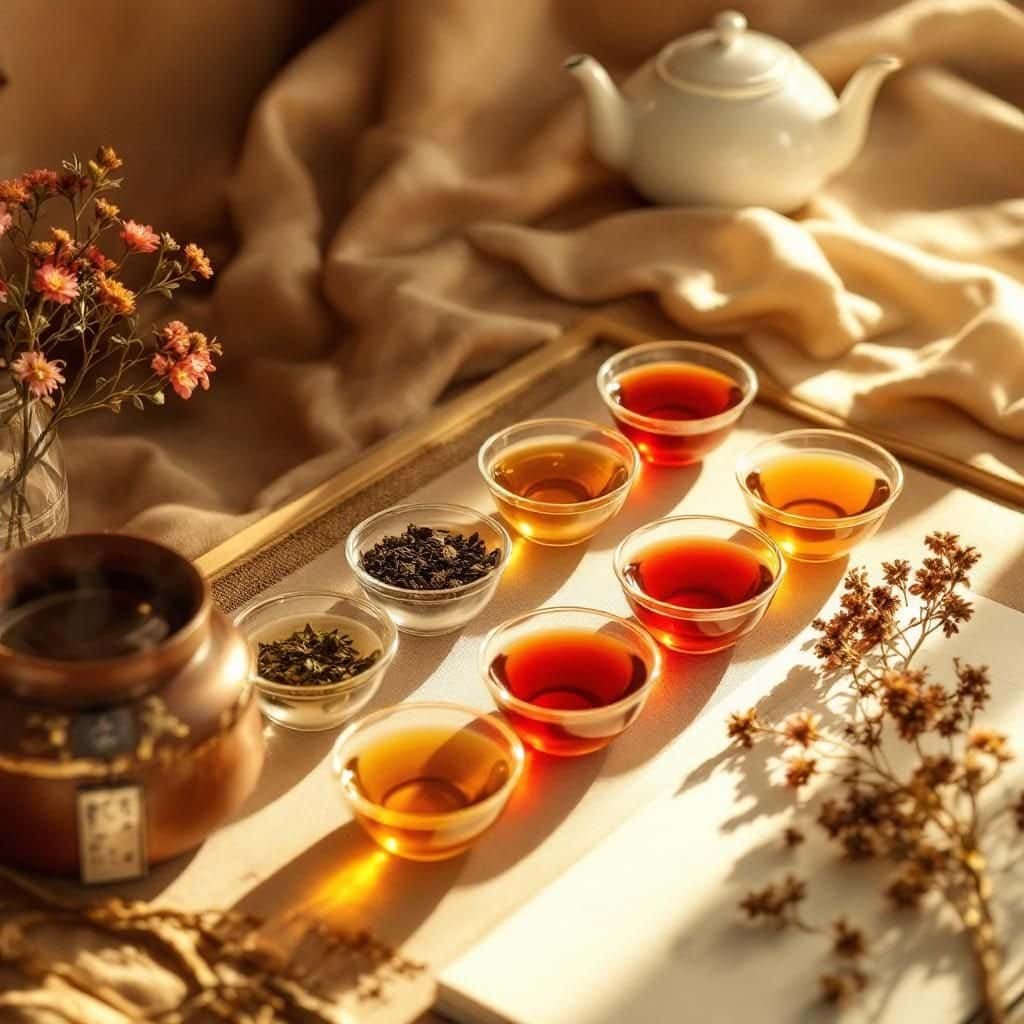 A tea sommelier examining tea leaves with a tasting set