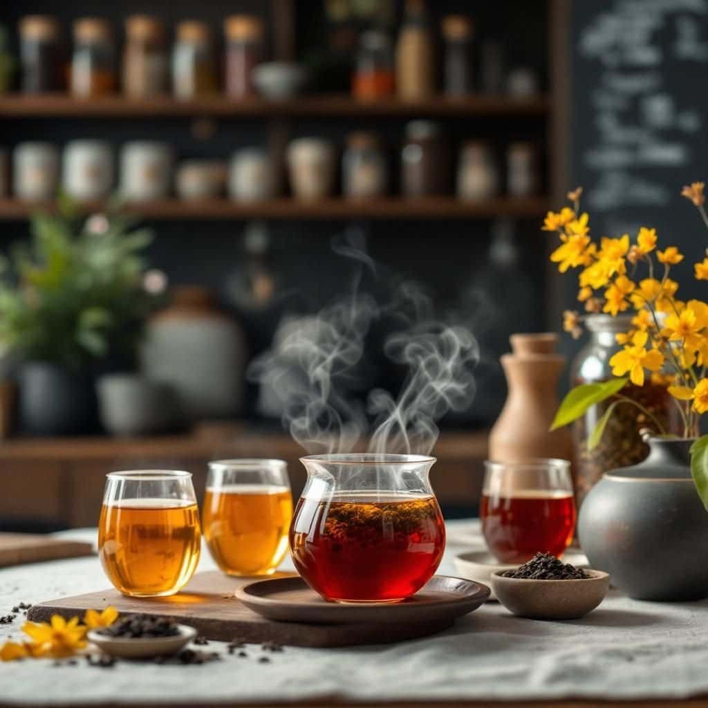 A selection of artisan loose-leaf teas with brewing tools on a wooden surface