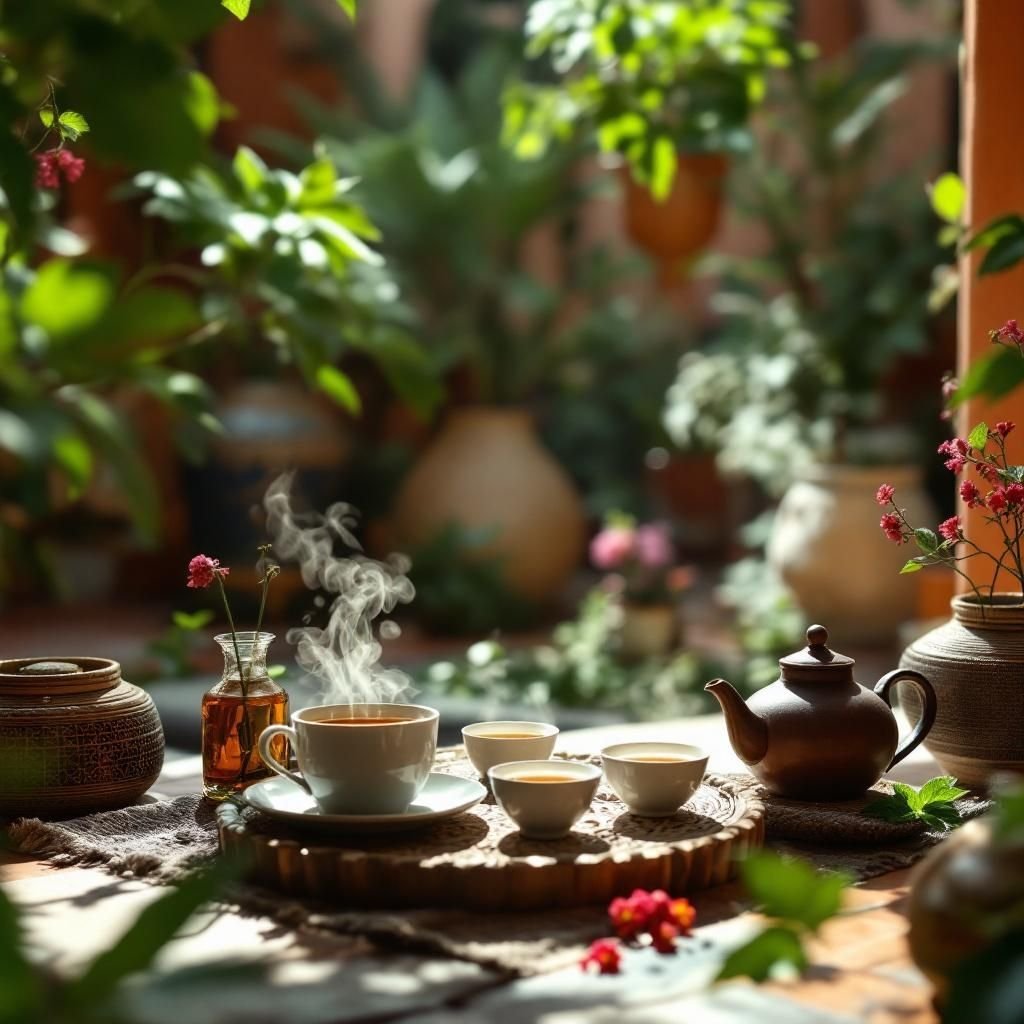 Traditional Moroccan mint tea being poured from a silver teapot in a riad
