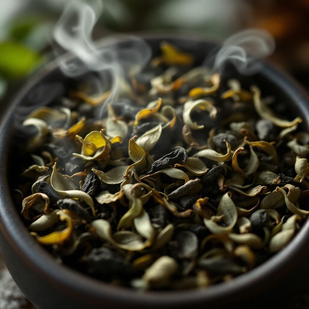 A display of various Taiwan Oolong tea leaves and brewed cups