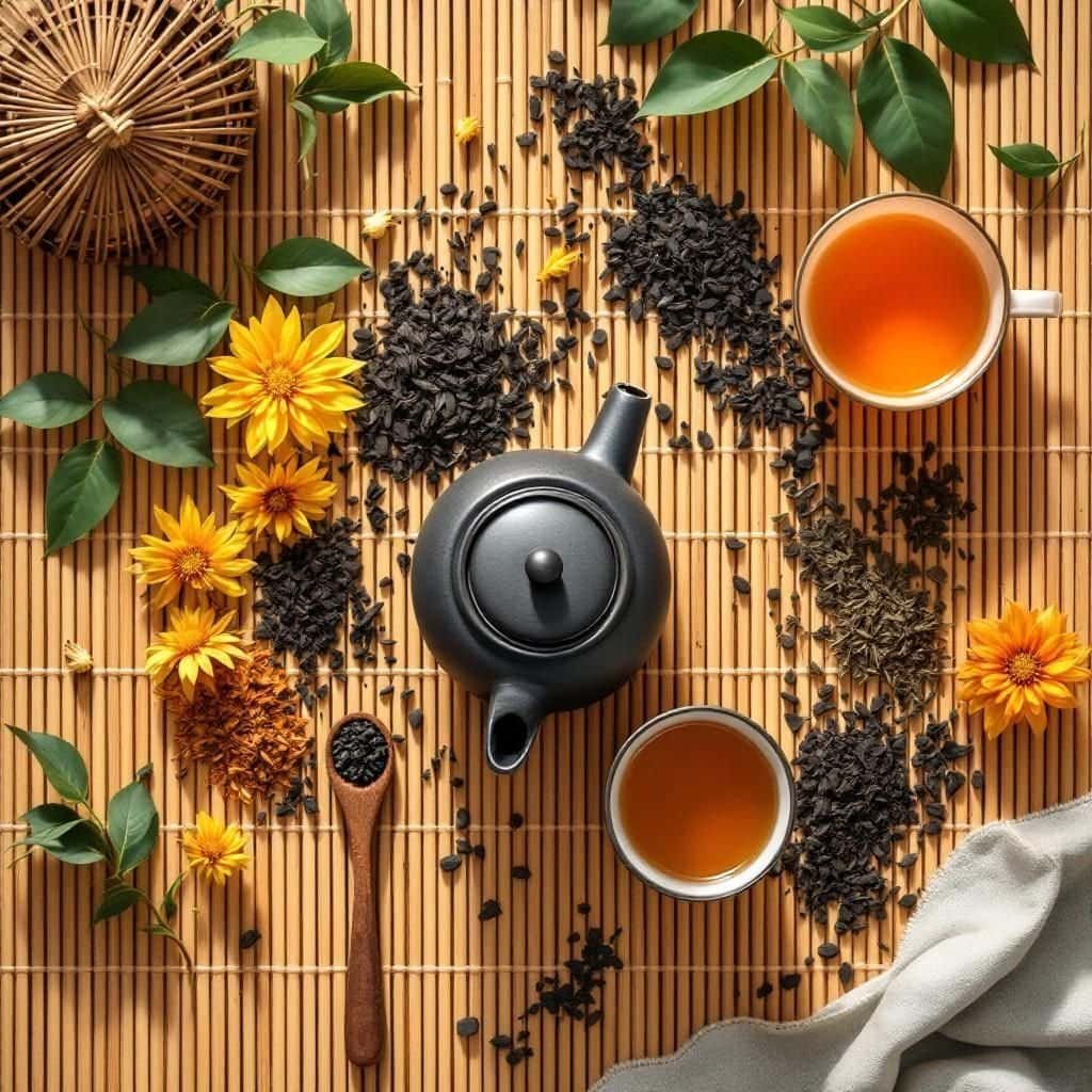 Overhead flat lay of tea cup with loose leaf tea and photography props