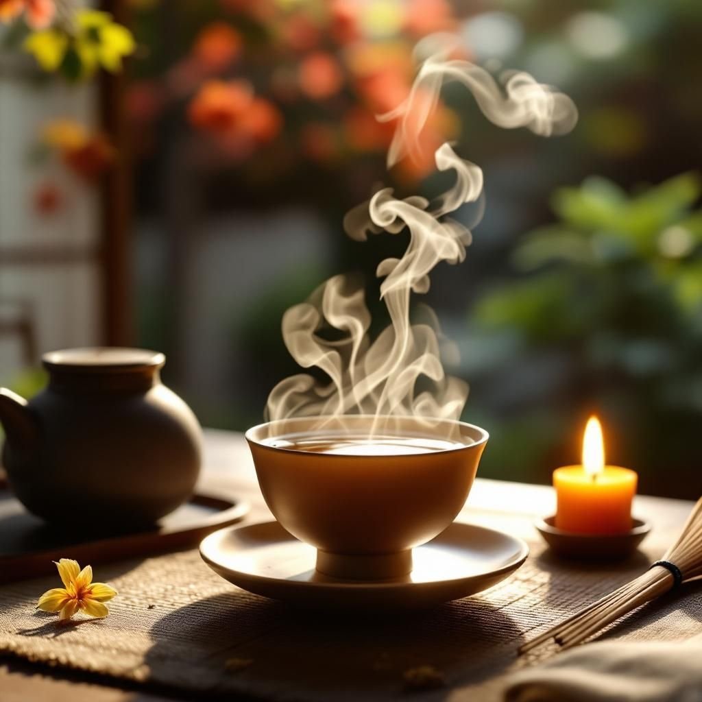 Tea photography composition with teapot, cups, and botanical styling props