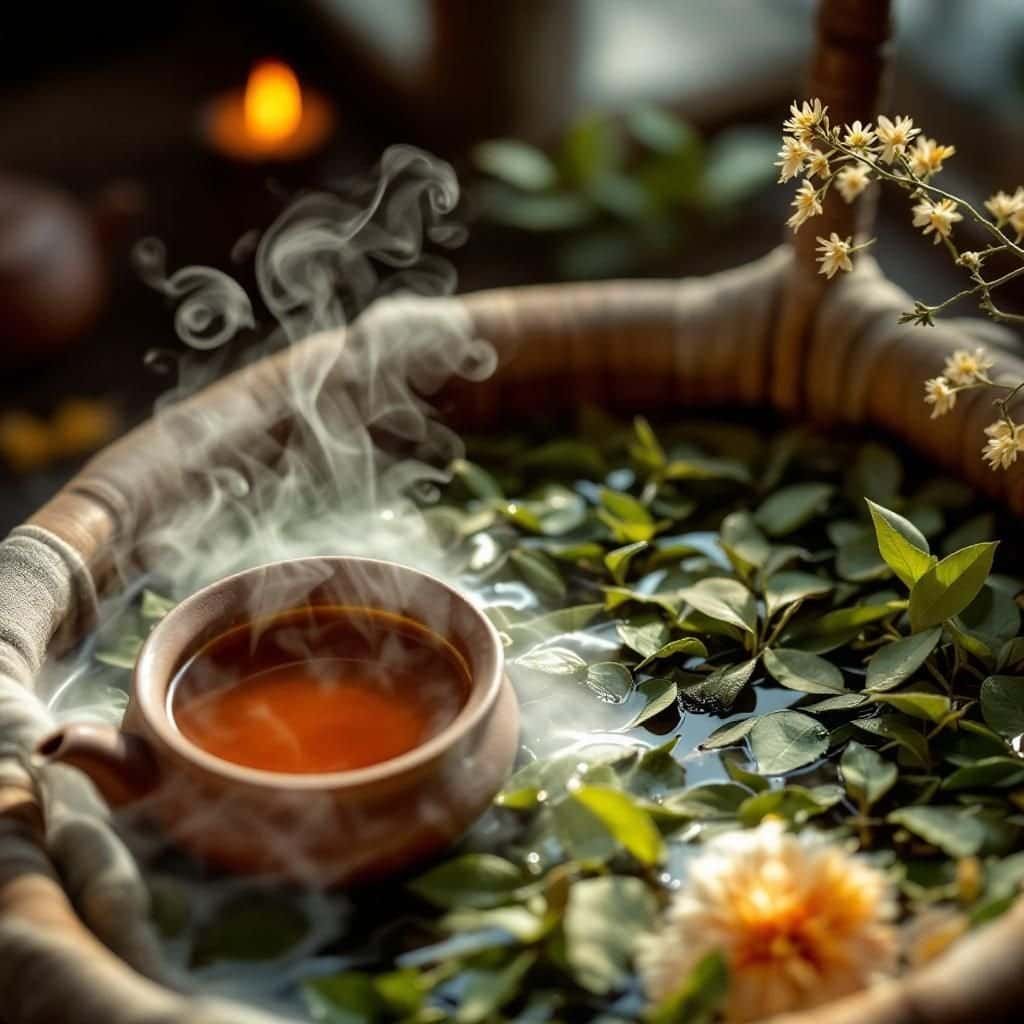 Lush Ubud landscape with a serene tea wellness retreat setting