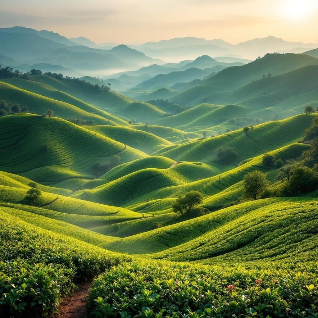 Peaceful tea garden setting for meditation in Darjeeling, India