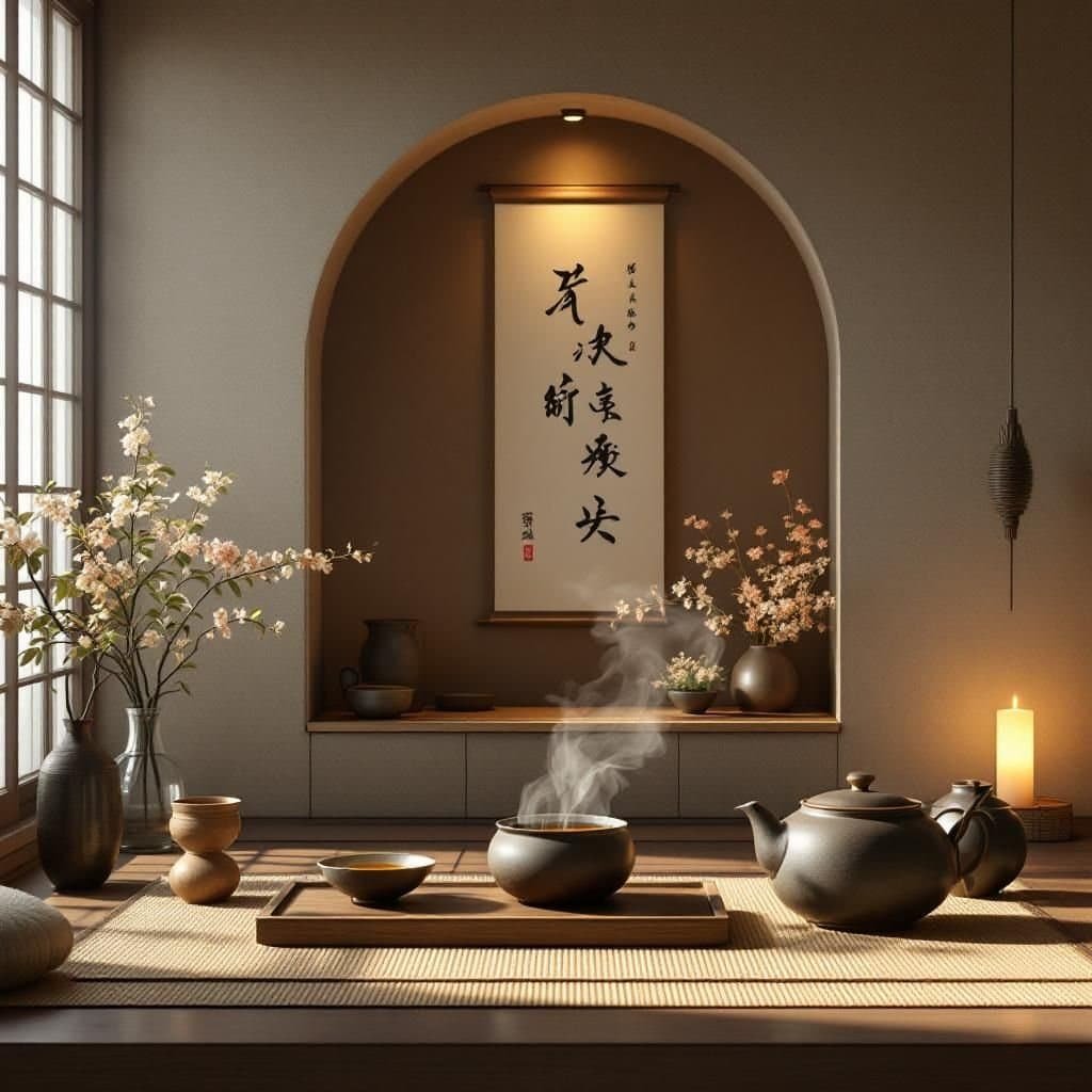Elegant tea utensils and matcha prepared for a Japanese tea ceremony