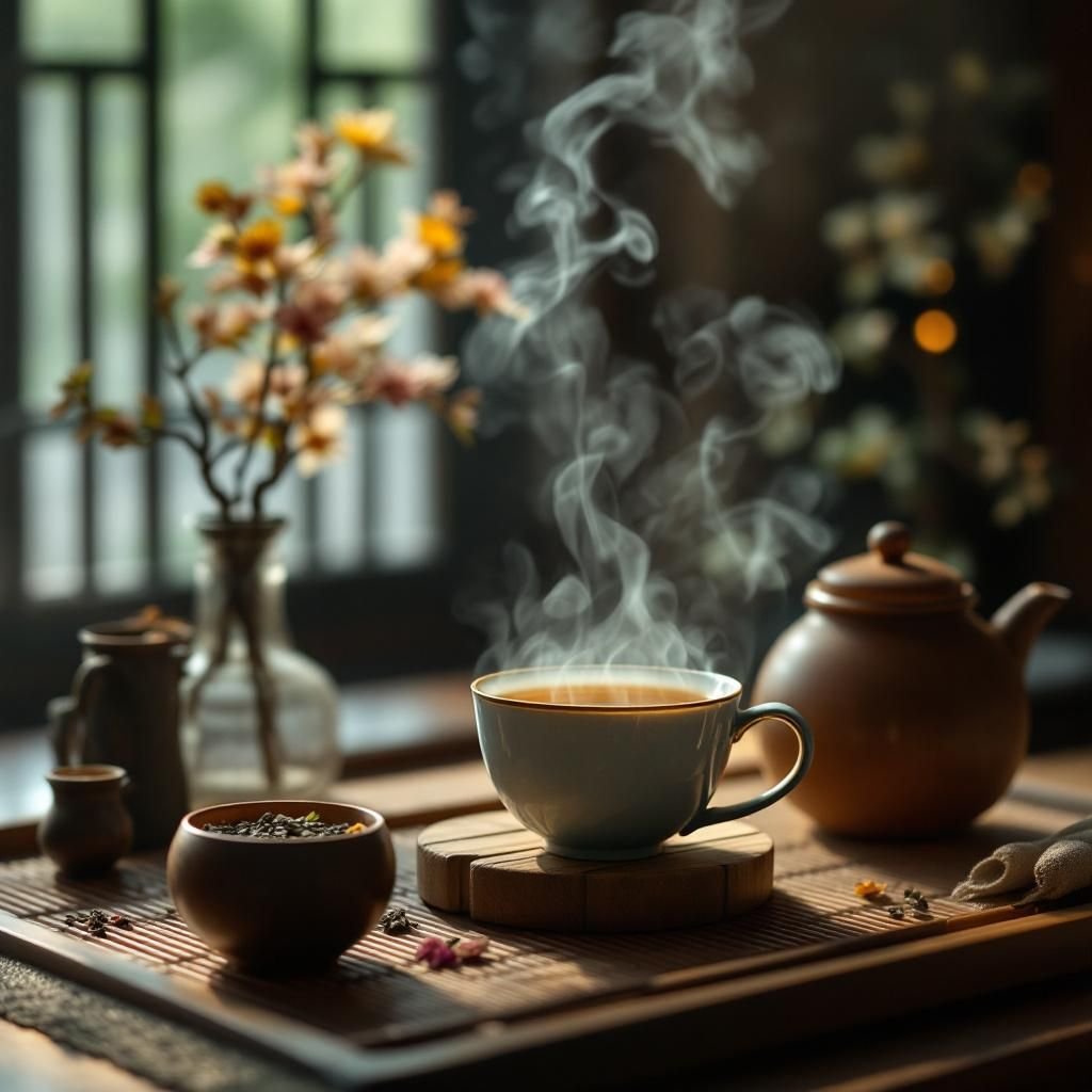 Ancient Korean tea ceremony utensils and traditional setting