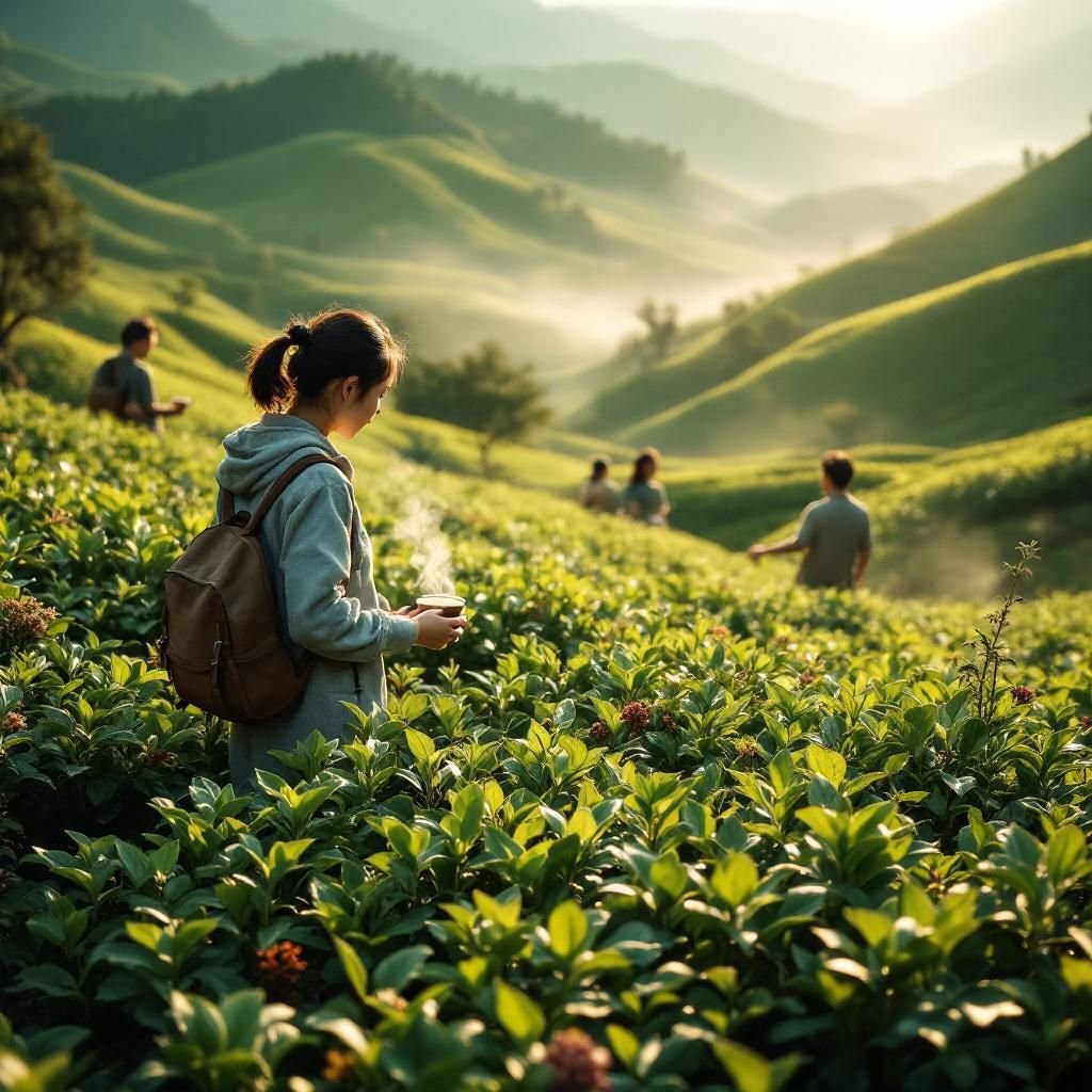 Local tea guide explaining tea picking techniques in a Taiwanese tea garden