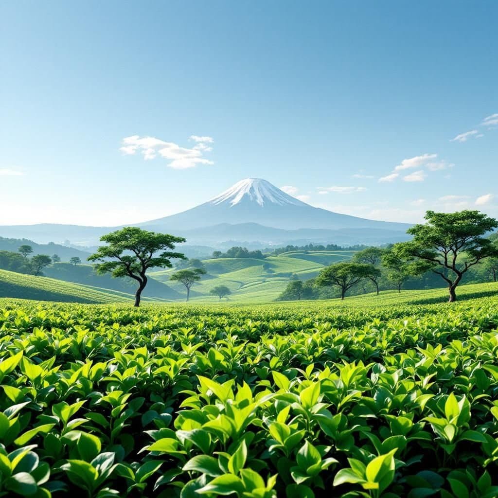 Scenic view of Japan's tea fields with Mount Fuji in the background