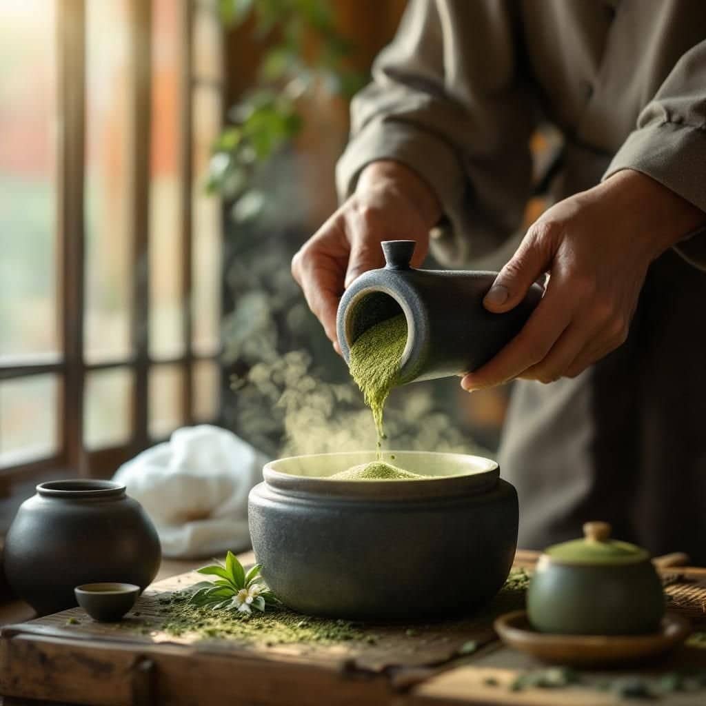 Japanese tea master preparing matcha in a traditional tea ceremony setting