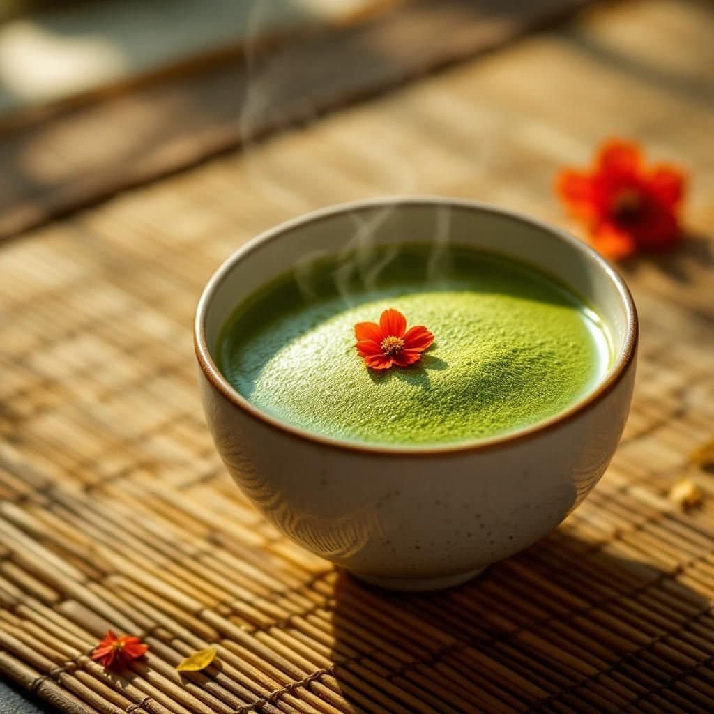 Scenic view of a traditional Kyoto tea ceremony garden with tatami room