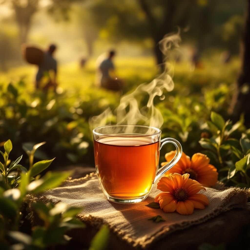 A traveler sipping tea at a picturesque tea estate