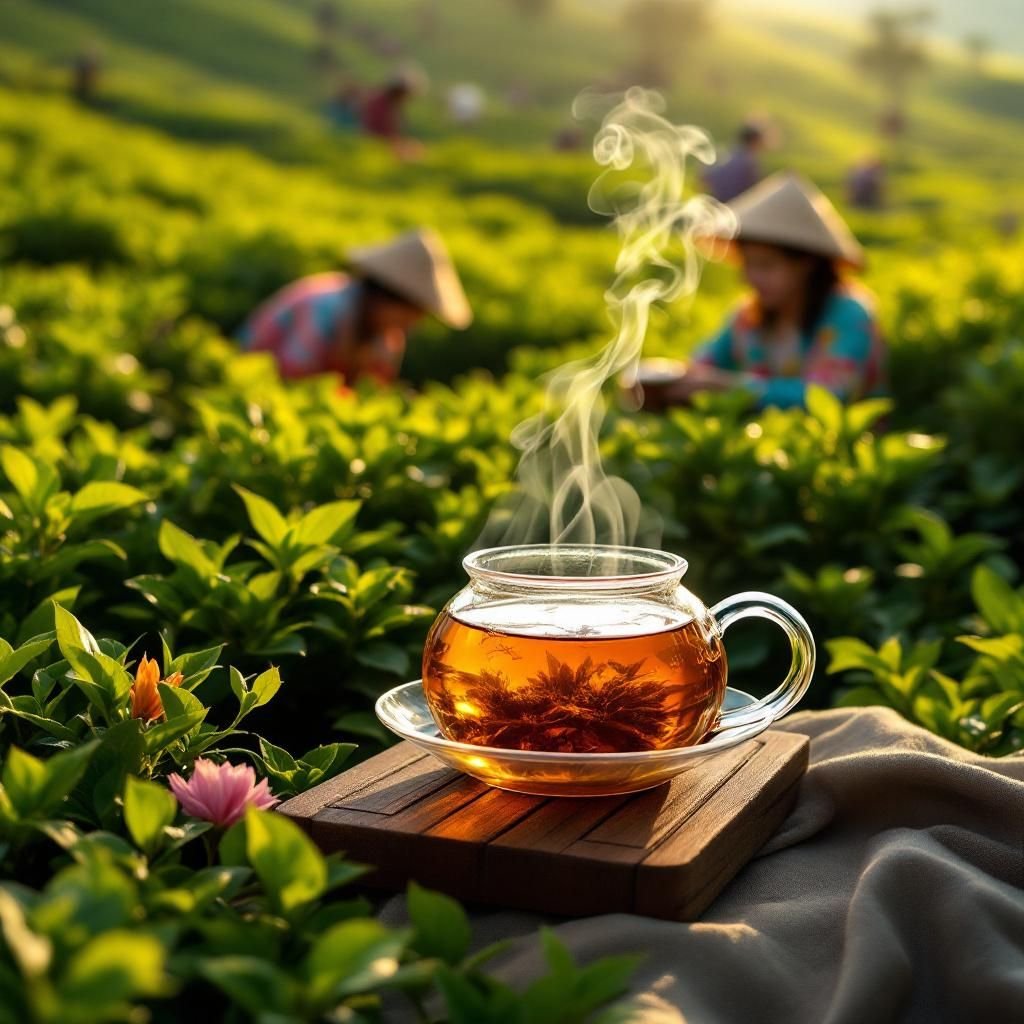 A digital nomad working on a laptop amidst lush tea plantations