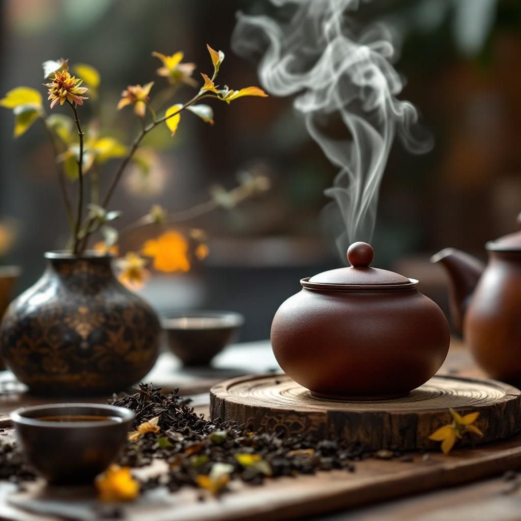 A vibrant display of various teas with tasting notes and brewing instructions.