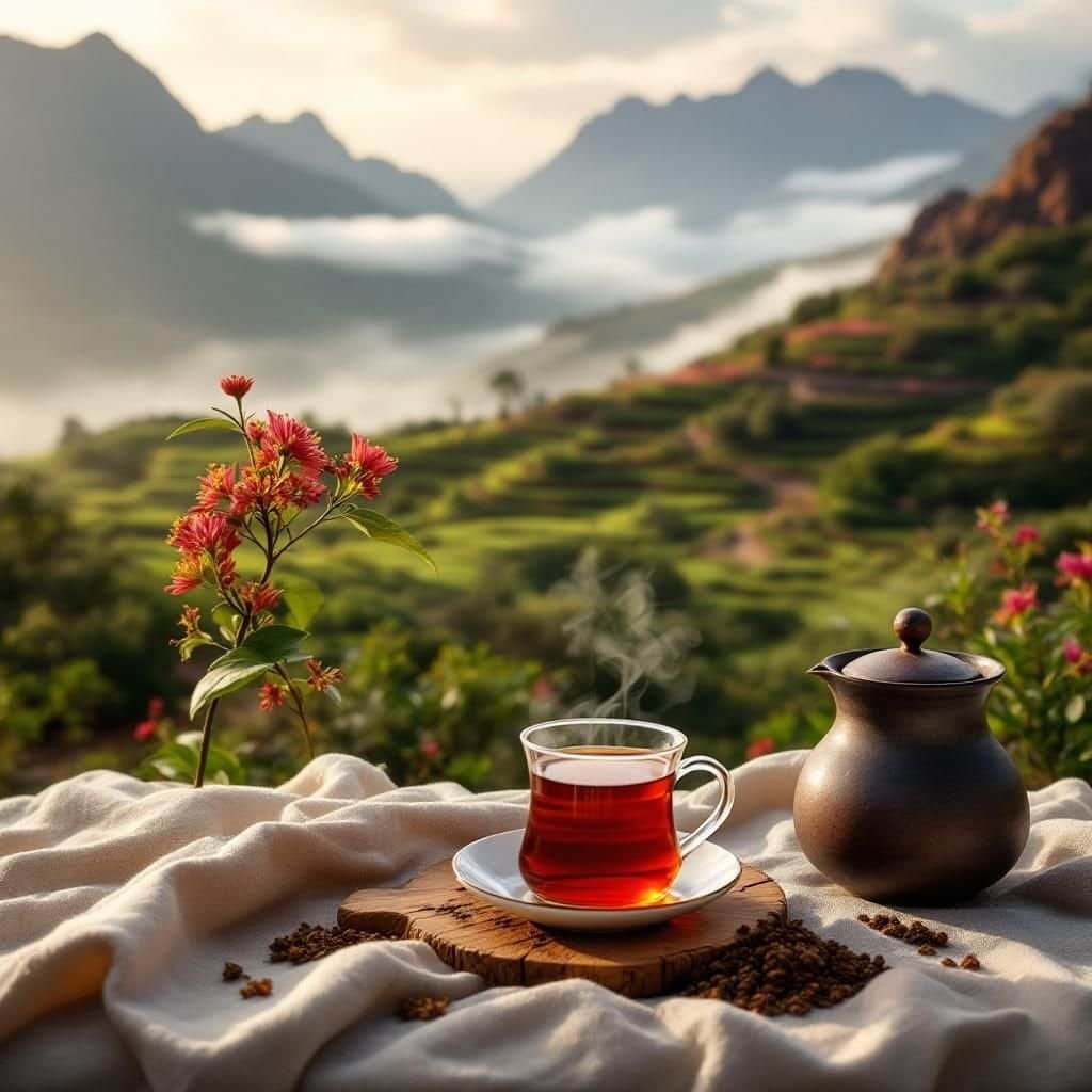 Vibrant red rooibos tea fields nestled in the Cederberg mountains.