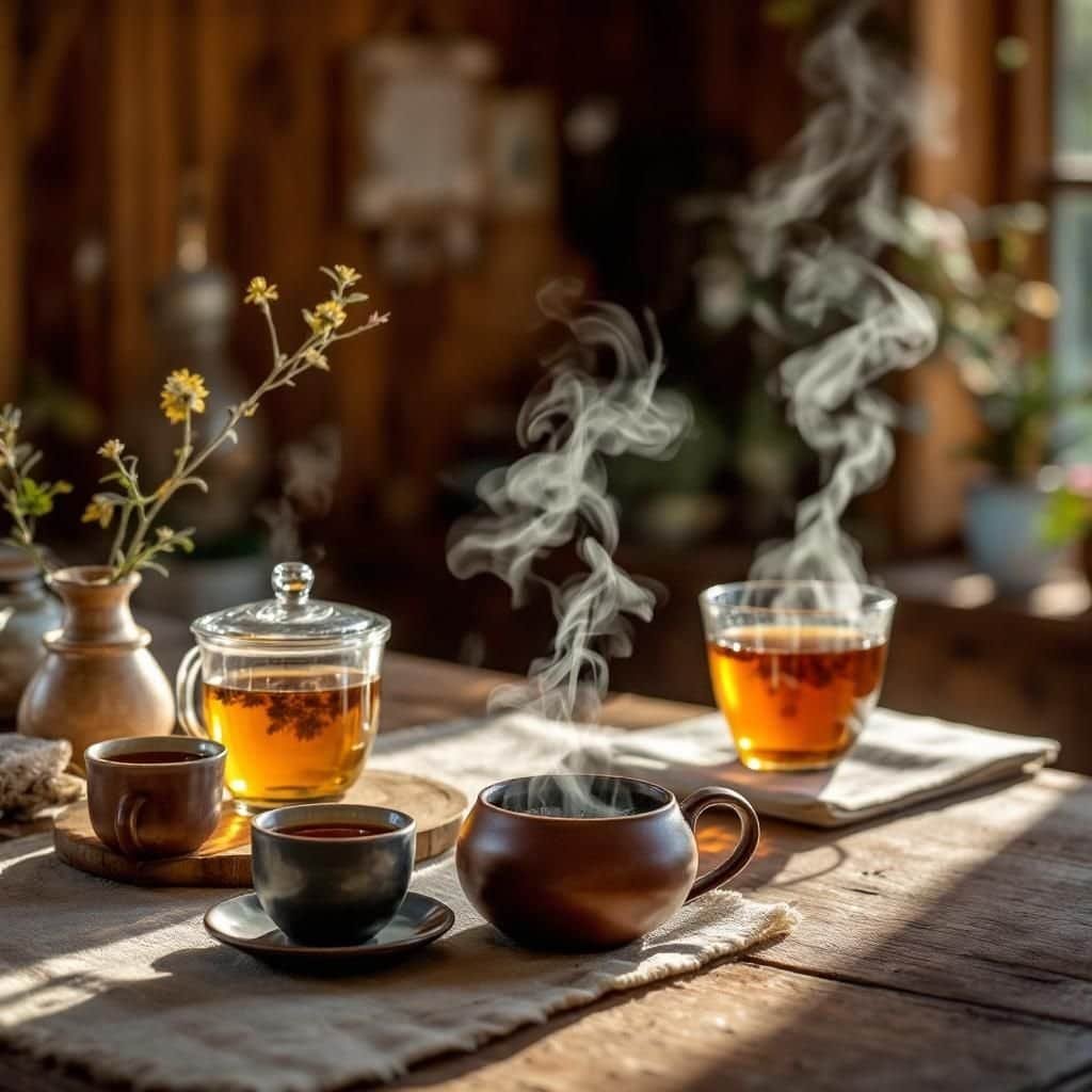 Various rooibos tea varieties displayed on a wooden table