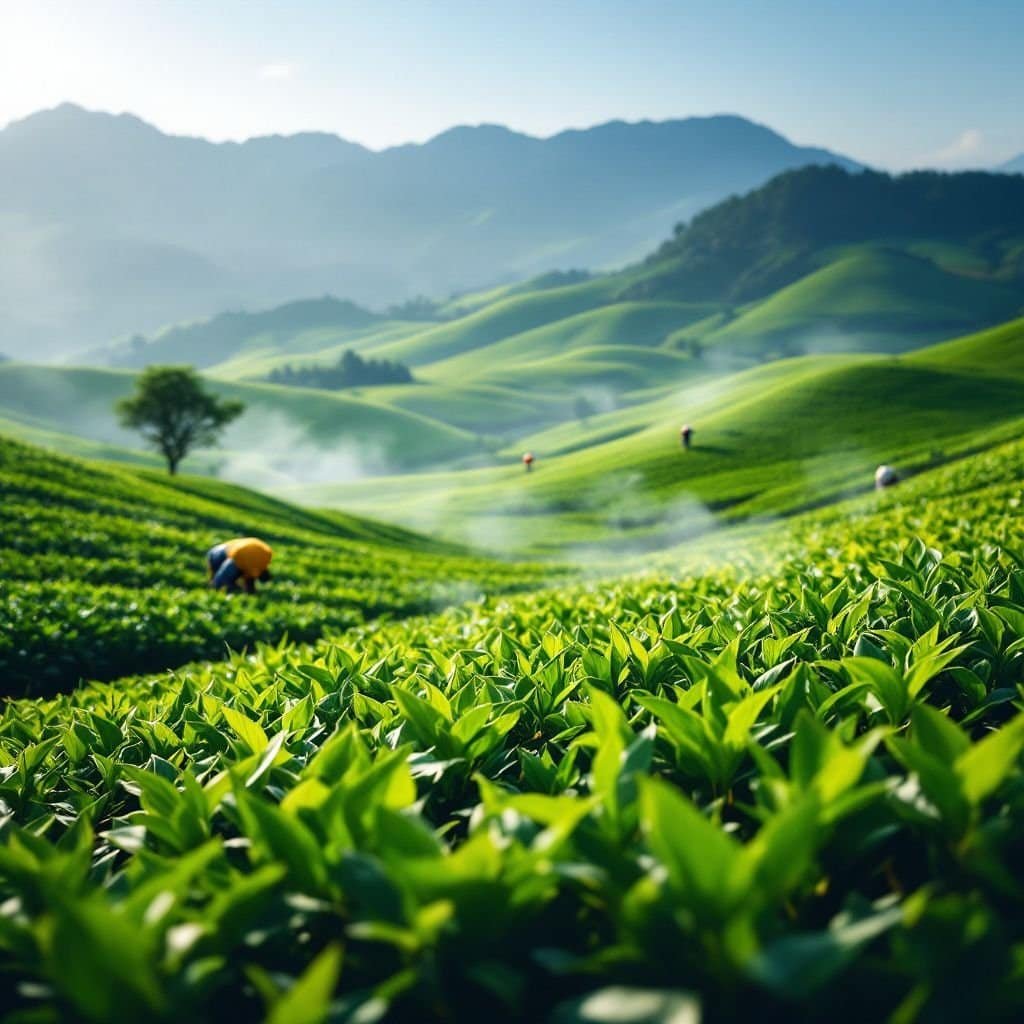 Lush tea fields in Fuzhou, showcasing vibrant jasmine flowers and tea plants.