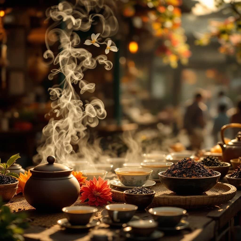 Various types of Fuzhou jasmine tea leaves displayed in a market