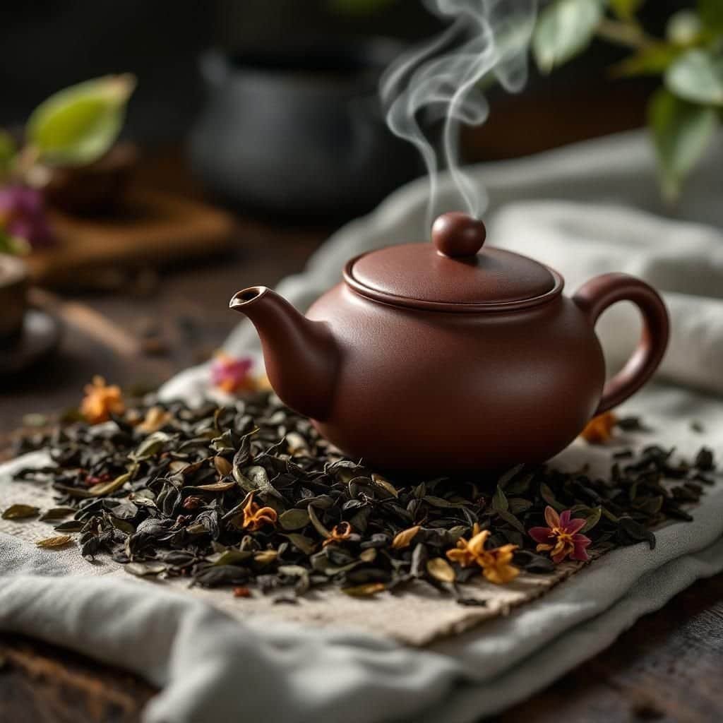 A beautifully arranged gongfu tea setup with teapot and cups