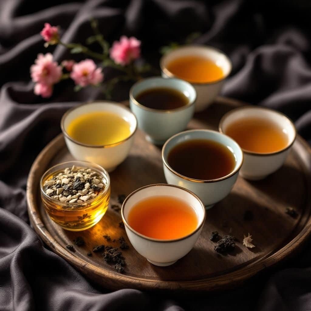 A beautifully arranged Gongfu tea set with various tea accessories and prices displayed