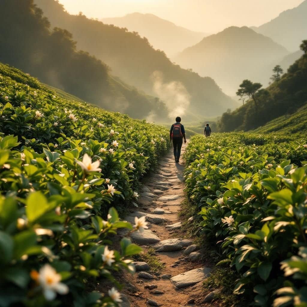 A hiker navigating lush tea plantations along the Alishan trails