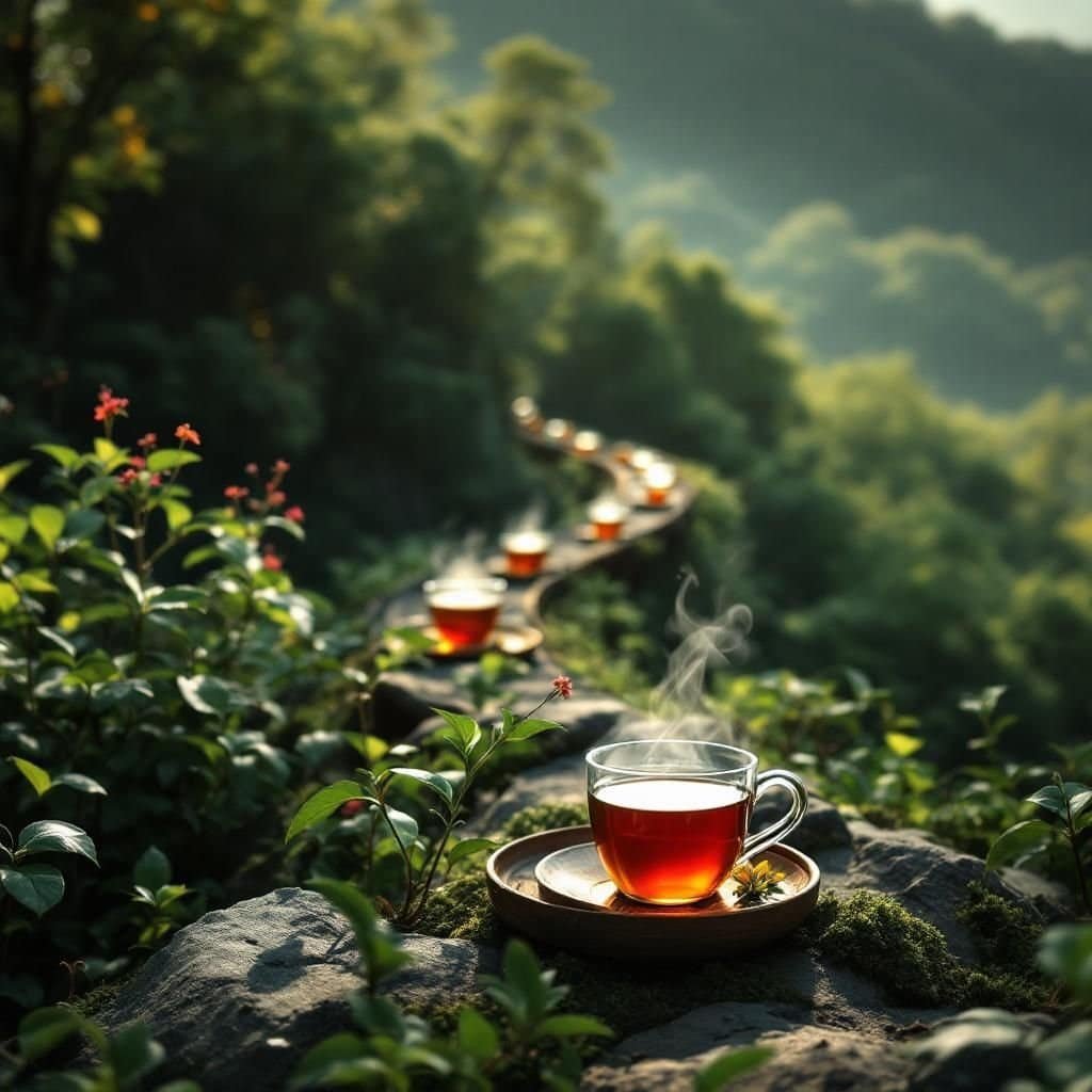 Lush tea plantations nestled in the Alishan mountains under clear blue skies.