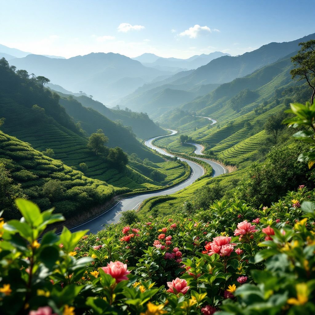 Lush tea plantations in Nantou with misty mountains in the background