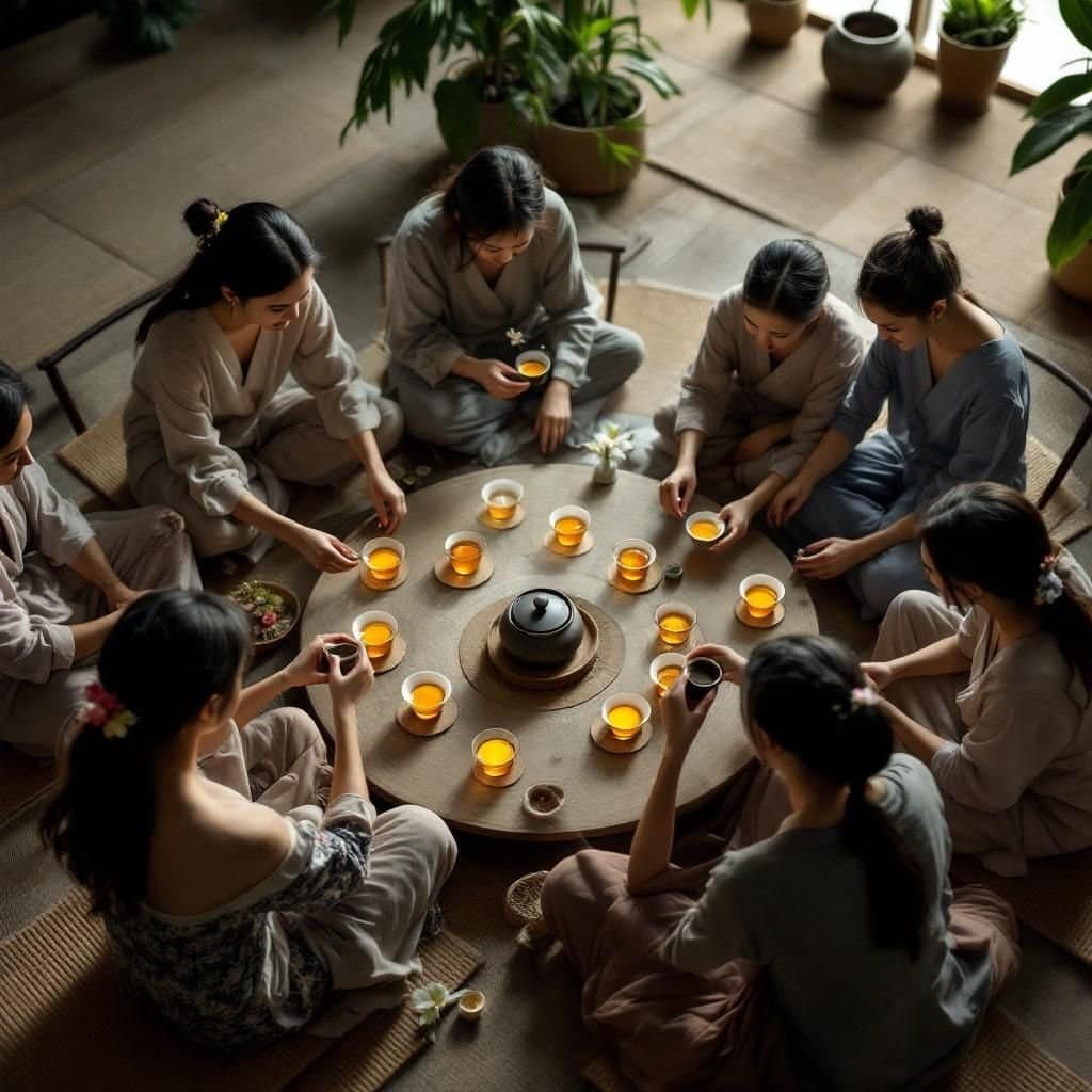 A colorful Thai tea ceremony setup with traditional teapots and cups.