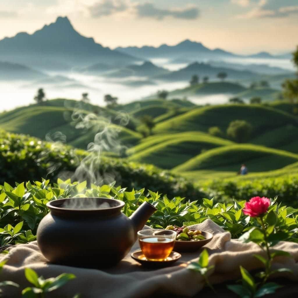 A beautifully arranged Thai tea setup with traditional utensils and ingredients.