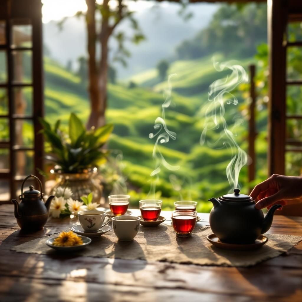 Lush tea gardens in Munnar with misty mountains in the background