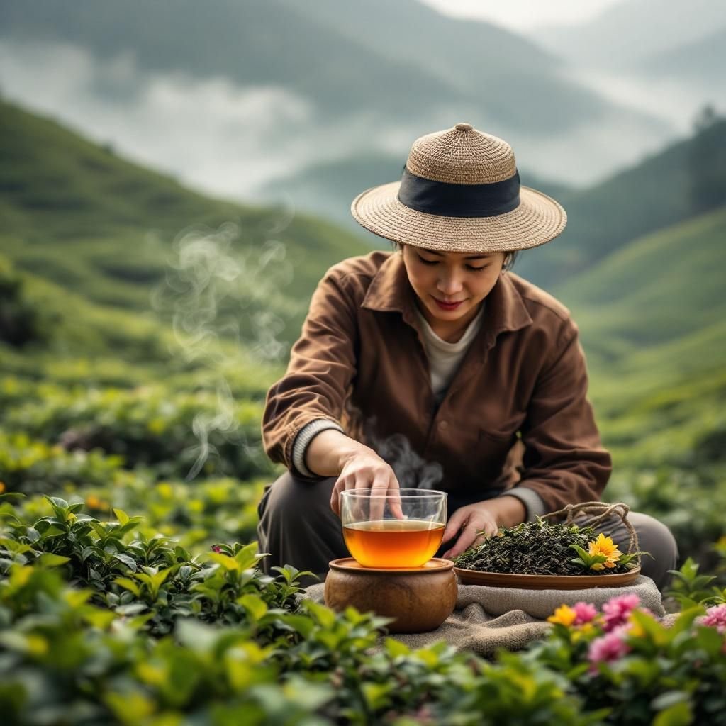 A scenic view of lush tea plantations in Alishan, Taiwan