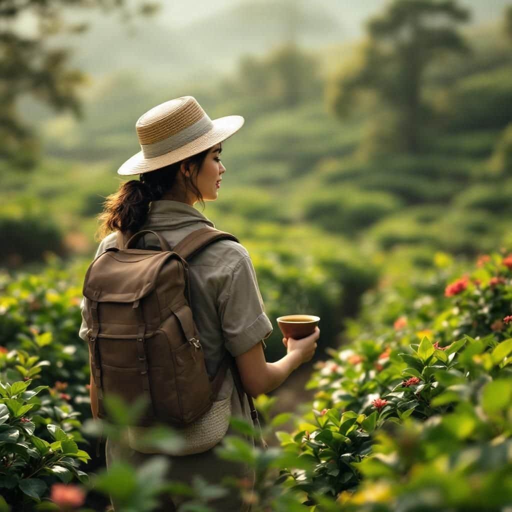A traveler packing specialty tea and accessories into a suitcase.