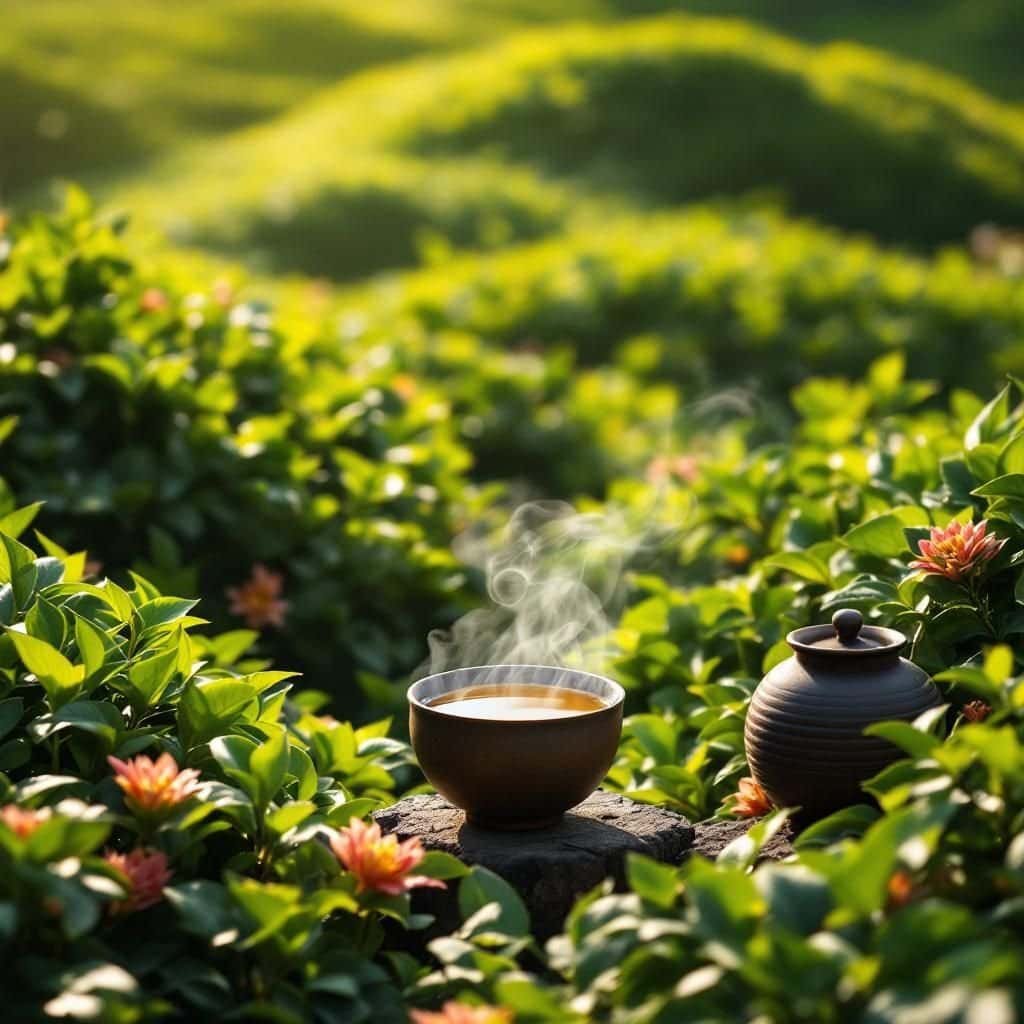 Lush tea plantations in Xishuangbanna's ancient forests under blue skies