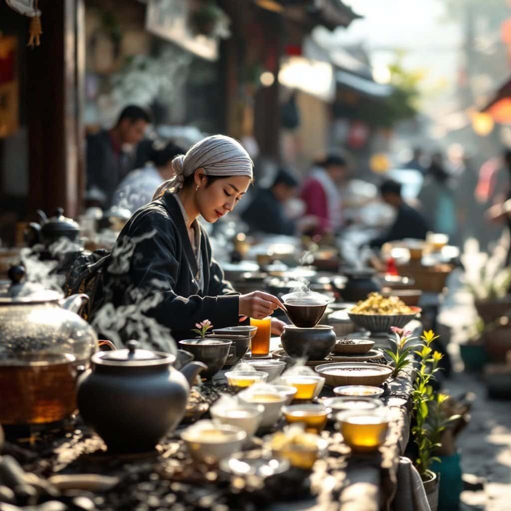 Variety of teas from Yunnan displayed on a wooden table