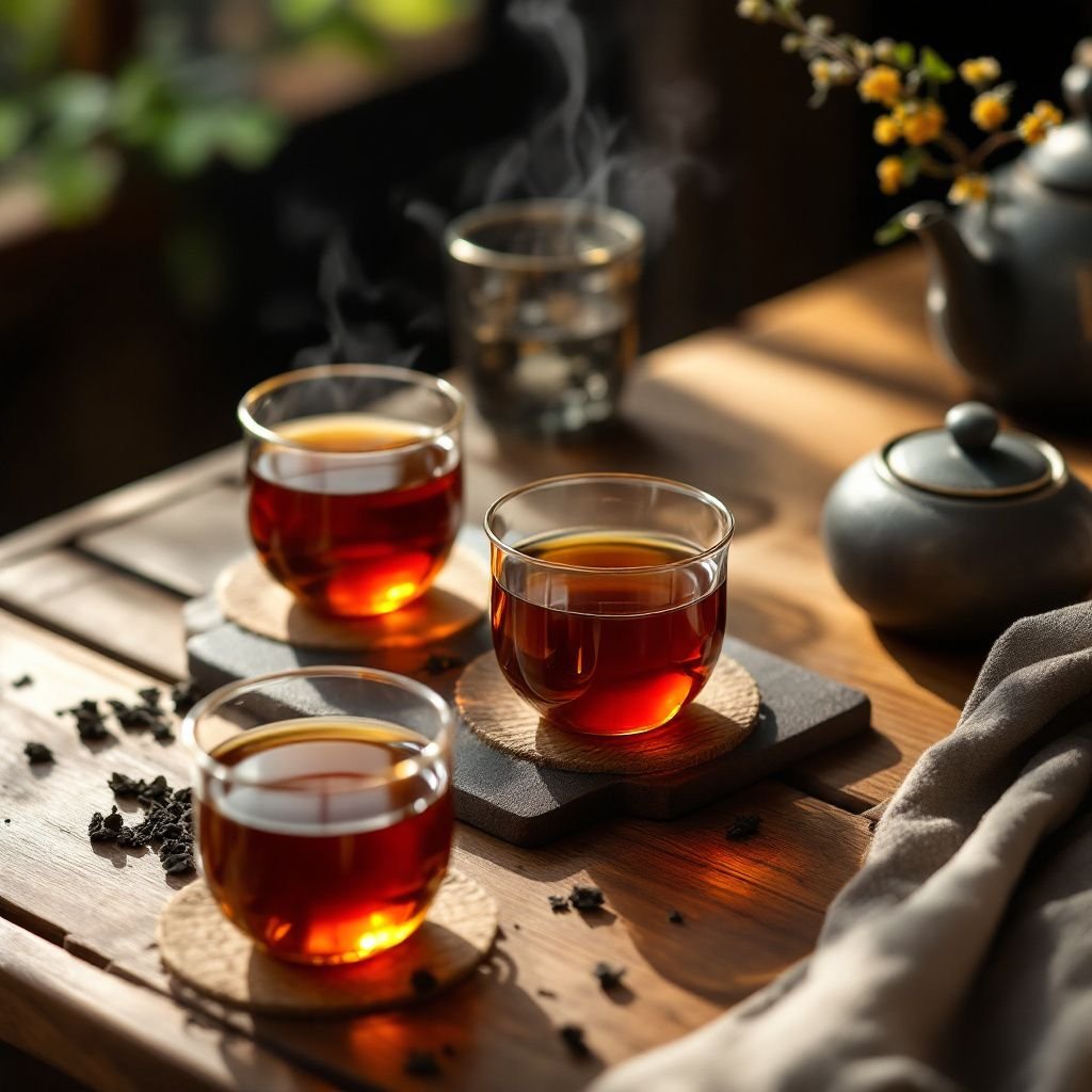 Various types of Anhua black tea displayed in traditional tea ware