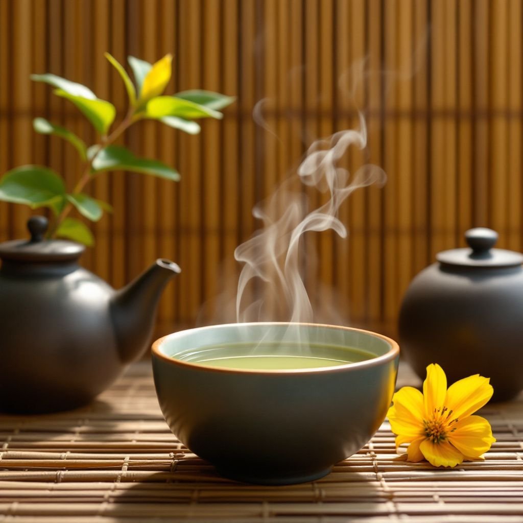 A cozy tea house interior with various tea options displayed