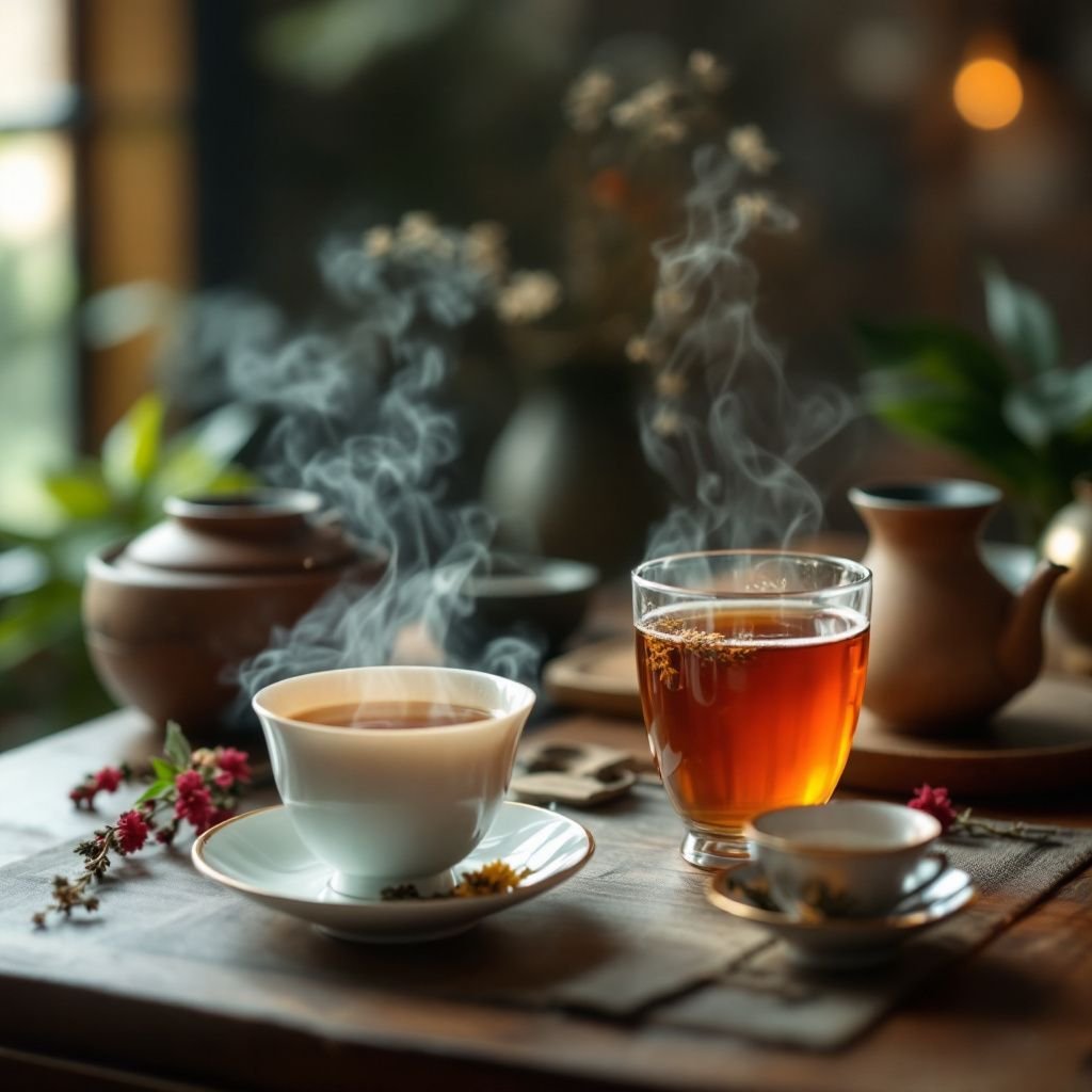 An array of traditional Vietnamese tea utensils and ingredients for a ceremony