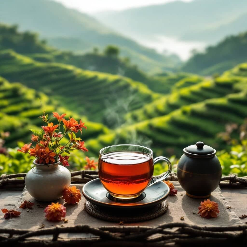 Various types of tea leaves harvested in Suoi Giang, Vietnam.