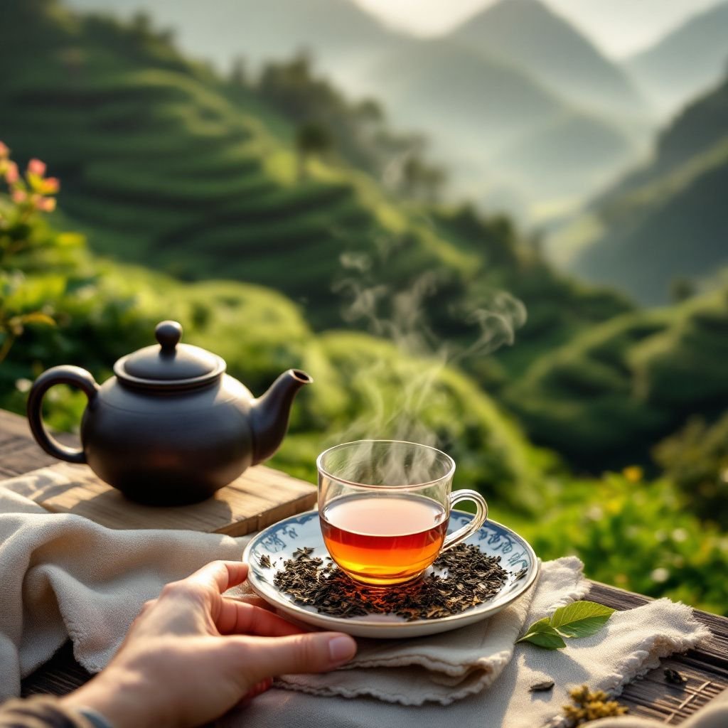 Various types of tea leaves displayed at a Fujian tea estate