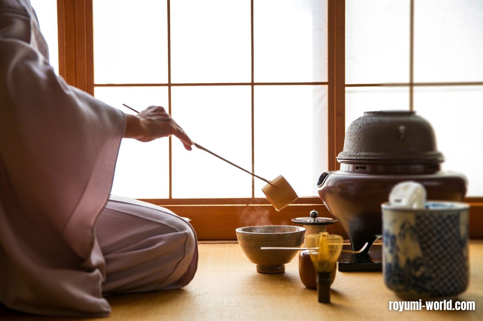 Traditional Japanese tea ceremony with matcha preparation