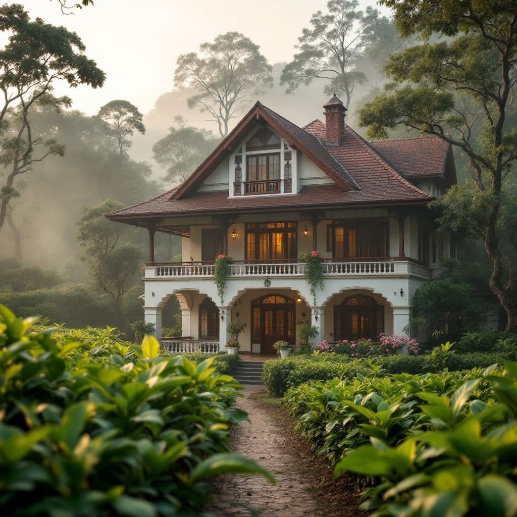 Lush green tea plantations surrounding luxurious cottages in Ceylon, Sri Lanka