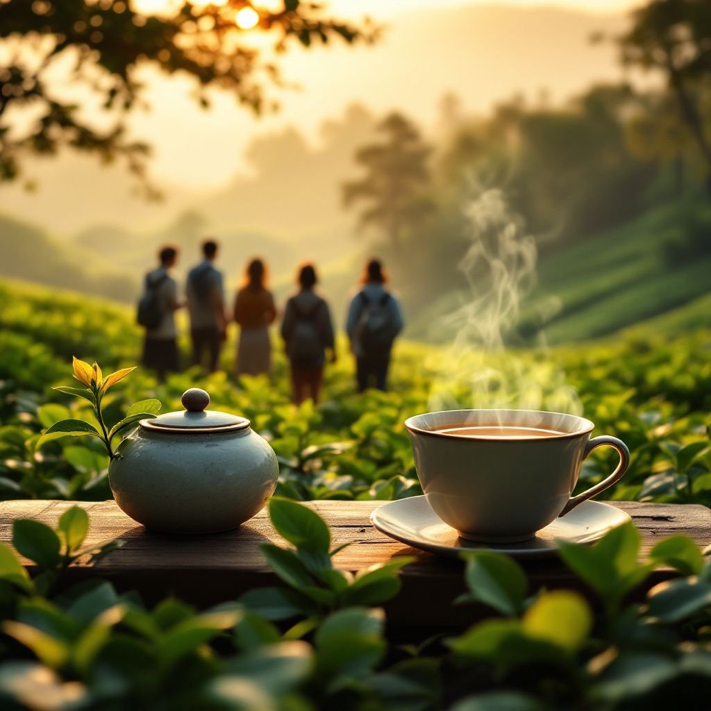 Lush tea garden surrounded by tall trees in Shizuoka, Japan.
