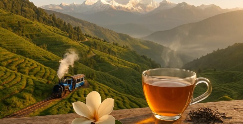 Terraced Darjeeling tea gardens with the blue Himalayan Railway steam train and Kanchenjunga peaks at sunrise, a cup of amber second flush tea in the foreground