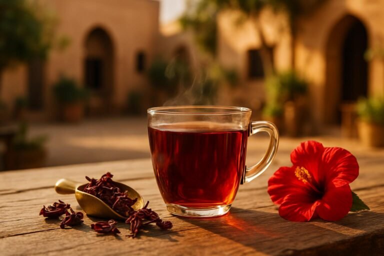 Clear glass cup of deep ruby hibiscus tea with dried roselle calyces on a wooden cafe table
