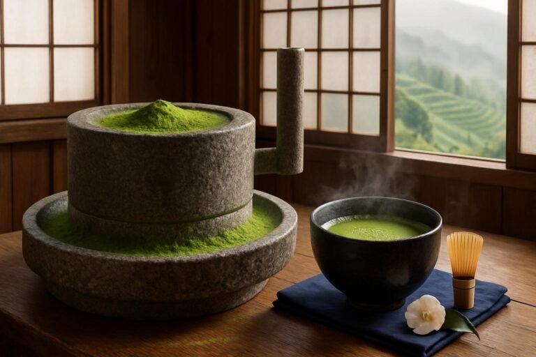 Granite stone mill dusted with bright green matcha powder beside a freshly whisked bowl of usucha and a bamboo chasen in an Uji tea workshop