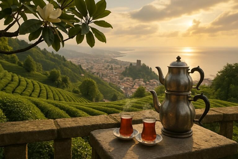 Tulip glasses of Turkish black tea on the Ziraat Botanical Tea Garden terrace overlooking Rize city and the Black Sea