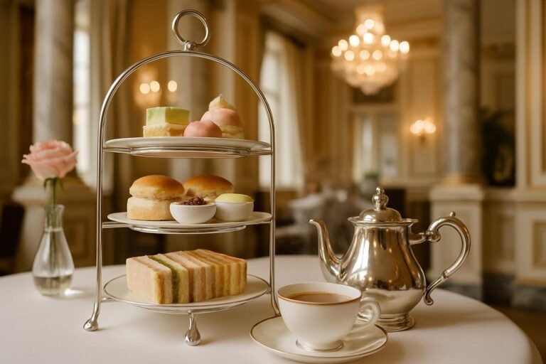 Three-tier afternoon tea stand with finger sandwiches, scones and pastries beside a silver teapot and a cup of golden amber black tea in a grand London hotel tea room