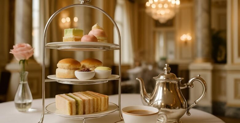 Three-tier afternoon tea stand with finger sandwiches, scones and pastries beside a silver teapot and a cup of golden amber black tea in a grand London hotel tea room