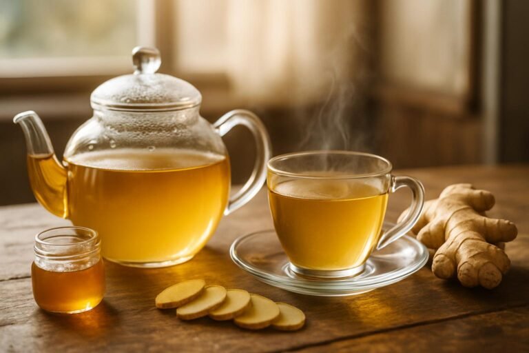 Glass cup and teapot of golden ginger tea with fresh ginger root slices and honey on a wooden table