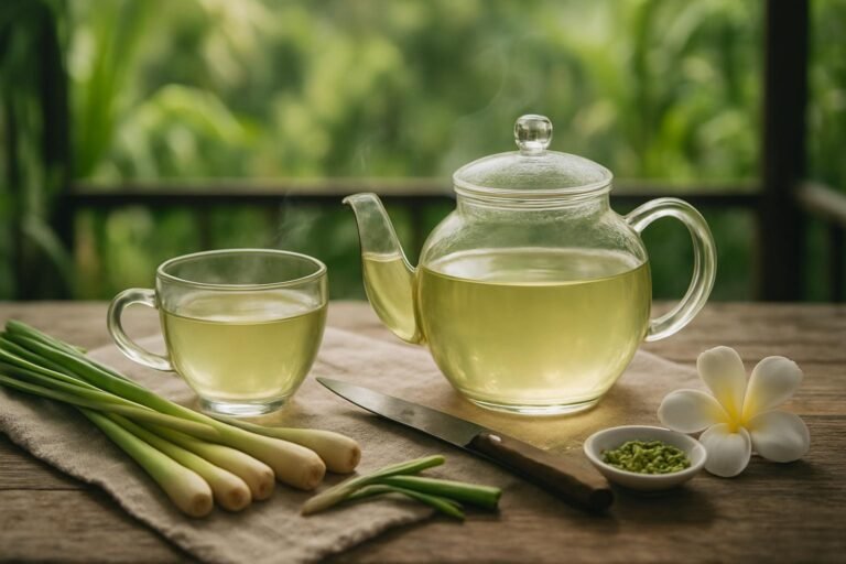 Glass teapot and cup of pale straw-green lemongrass tea with fresh bruised lemongrass stalks and dried leaf on a linen-covered wooden table